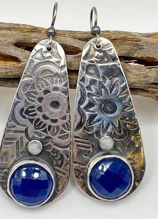 Етно стиль - сережки з квітами та синім камінням, 5667