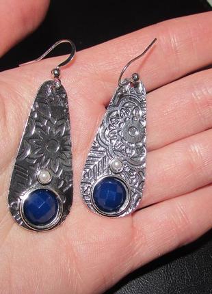 Етно стиль - сережки з квітами та синім камінням, 56672 фото
