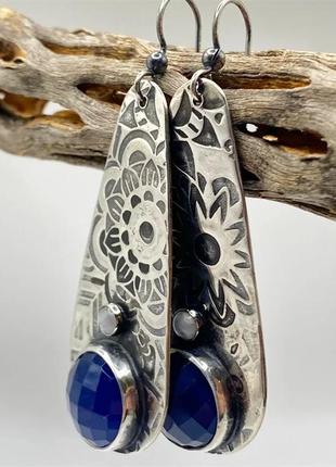 Етно стиль - сережки з квітами та синім камінням, 56674 фото