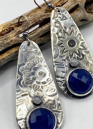 Етно стиль - сережки з квітами та синім камінням, 56675 фото