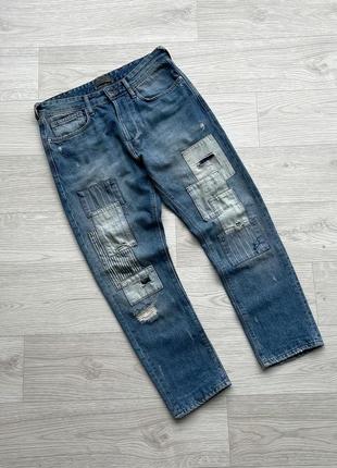 Оригінальні джинси zara man patcwork distressed denim jeans blue/white