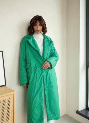 Демісезонне двобортне жіноче пальто monro з плащової тканини наповнювач силікон 80 колір трава1 фото