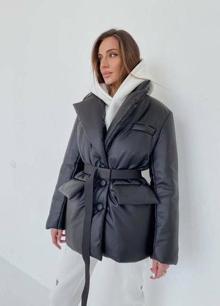 Зимова та демісезонна куртка kytyur з екошкіри на силіконі чорного кольору4 фото