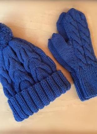 Вязаный комплект шапка с помпоном + варежки рукавиці набор рукавицы ручная работа +🎁вещь3 фото