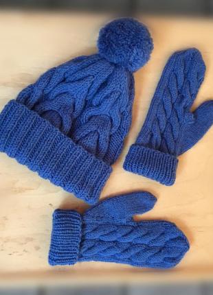 В'язаний комплект шапка з помпоном + рукавиці рукавиці набір рукавиці ручна робота +🎁річ1 фото