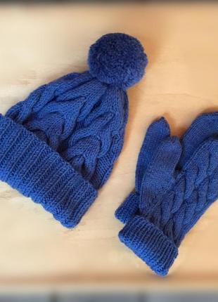 Вязаный комплект шапка с помпоном + варежки рукавиці набор рукавицы ручная работа +🎁вещь4 фото