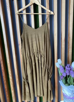 Гірчично- коричнева сукня oversize zara із стяжками по боках4 фото