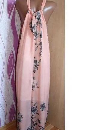 Шифоновое макси платье в пол персикового цвета в цветы m-l.48-502 фото