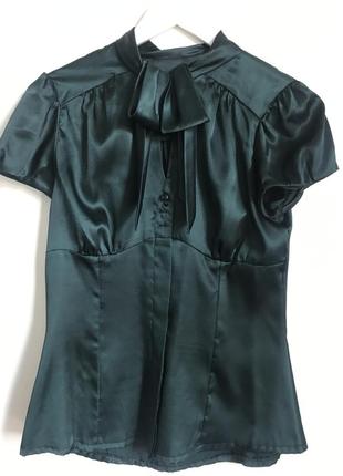 Блуза ошатна атласна сорочка з коротким рукавом zara з бантом3 фото