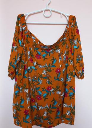 Яскрава квіткова блузка, блуза натуральна в квіти, блуза з відкритими плечиками батал 56-58 р.1 фото