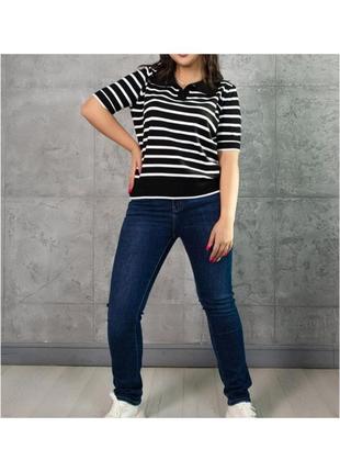 Женская футболка поло в полоску трикотаж тонкой вязки бело-черный 46-508 фото