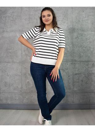 Женская футболка поло в полоску трикотаж тонкой вязки бело-черный 46-502 фото