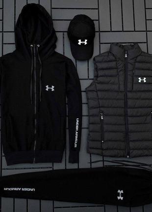 Мужской спортивный костюм under armour + жилетка + футболка + кепка черный весенний андер армор (b)3 фото