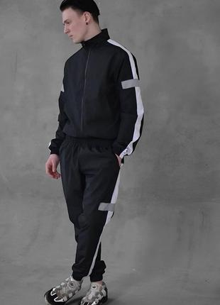 Мужской спортивный костюм из плащевки черный рефлективный без капюшона на молнии (b)2 фото