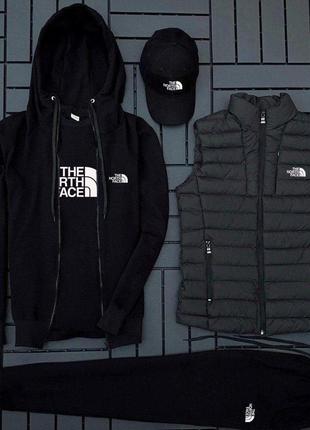 Мужской спортивный костюм the north face + жилетка + футболка + кепка черный весенний зе норт фейс (b)