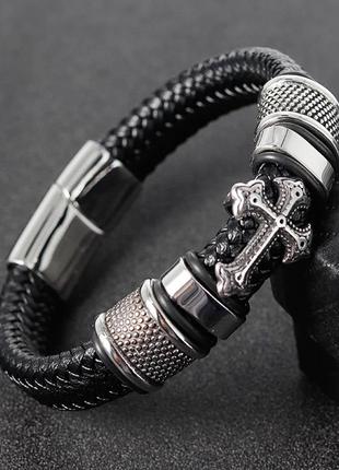 Мужской кожаный браслет с серебряными стальными вставками крест черный fds3 фото