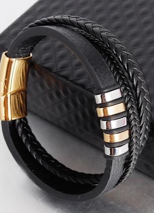 Ua1 мужской кожаный браслет плетеный, черный с золотыми вставками fds2 фото