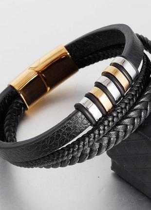 Ua1 мужской кожаный браслет плетеный, черный с золотыми вставками fds3 фото