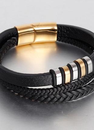 Ua1 мужской кожаный браслет плетеный, черный с золотыми вставками fds4 фото