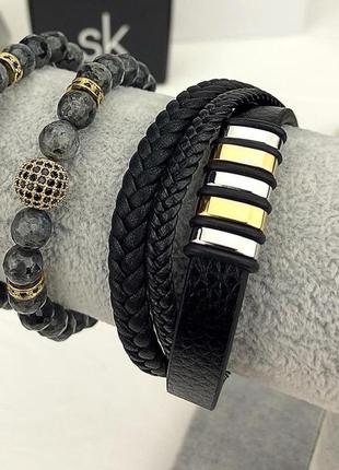 Ua1 мужской кожаный браслет плетеный, черный с золотыми вставками fds8 фото