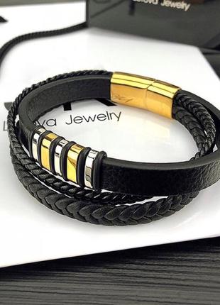 Ua1 мужской кожаный браслет плетеный, черный с золотыми вставками fds1 фото