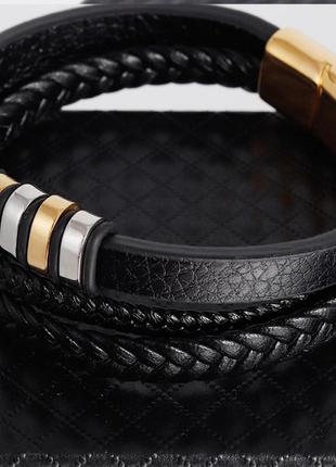 Ua1 мужской кожаный браслет плетеный, черный с золотыми вставками fds5 фото
