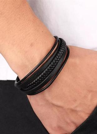 Мужской кожаный браслет black, плетеный из кожи черный fds8 фото