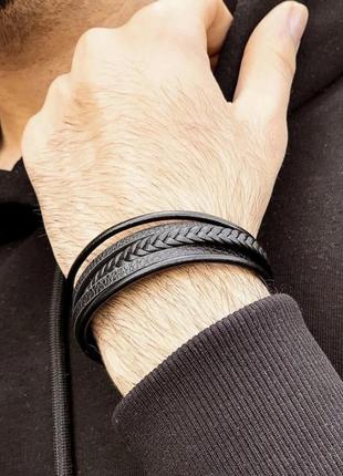 Мужской кожаный браслет black, плетеный из кожи черный fds5 фото