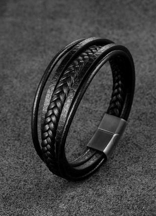 Мужской кожаный браслет black, плетеный из кожи черный fds2 фото