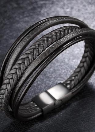 Мужской кожаный браслет black, плетеный из кожи черный fds7 фото