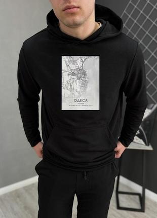 Мужской спортивный костюм патриотический "одесса" черный комплект худи + штаны весенний осенний (b)