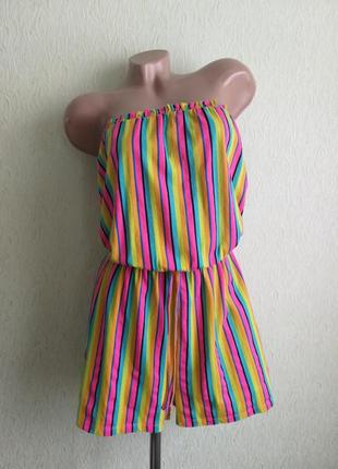 Ромпер с открытыми плечами. комбез с шортами. яркий, неоновый, в полоску. трикотаж, коттон.