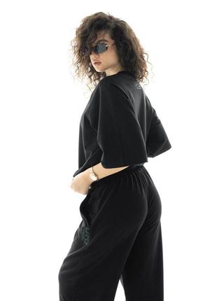 Якісний жіночий спортивний костюм «кука» футболка та штани тканина двонитка петля колір чорний5 фото