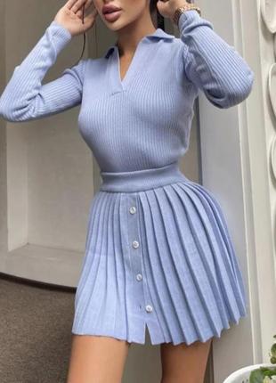 Костюм поло з довгим рукавом спідниця пліссе на гудзиках