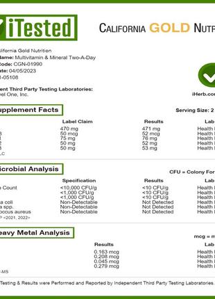 California gold nutrition мультивітаміни та мінерали для прийому двічі на день 60 рослинни cgn-019905 фото