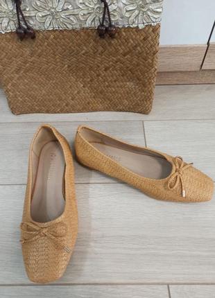 Балетки пісочні імітація плетеної шкіри,  квадратний мис, з бантиком, jd williams