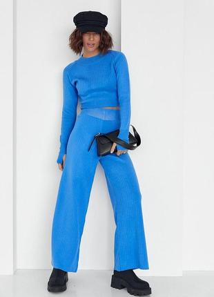 Женский костюм с широкими брюками и коротким джемпером - синий цвет, l (есть размеры)