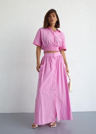 Летний юбочный костюм на пуговицах - розовый цвет, 40р (есть размеры)