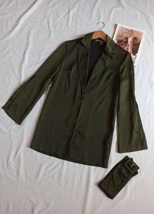 Удлиненный пиджак/жакет под сатин с поясом и разрезами на рукавах/платье - пиджак5 фото