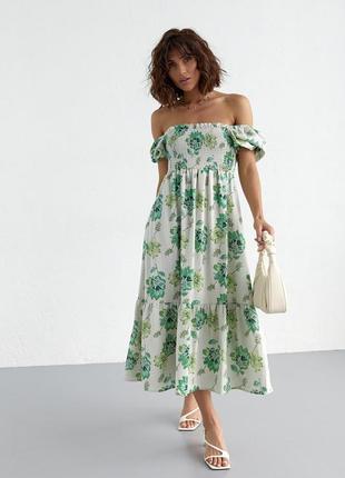Летнее платье в цветочный узор с открытыми плечами - зеленый цвет, l (есть размеры)7 фото