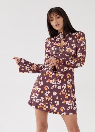 Платье мини расширенного силуэта с цветочным принтом top20ty - коричневый цвет, s (есть размеры)3 фото