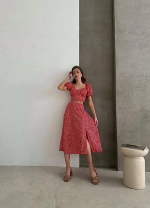Женский летний комплект топ+юбка красный в мелкий горошек.7 фото