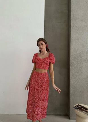 Женский летний комплект топ+юбка красный в мелкий горошек.9 фото