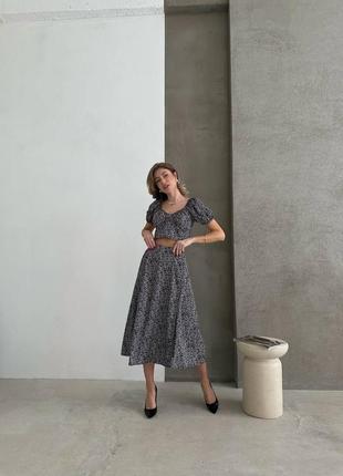 Женский летний комплект черный топ+юбка в мелкий горошек качественный стильный5 фото
