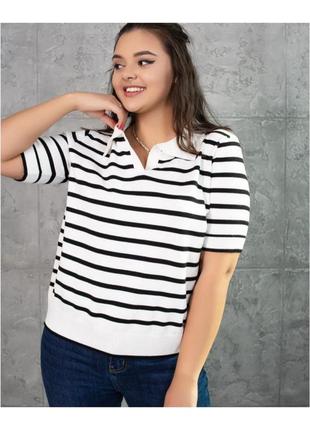 Женская футболка поло в полоску трикотаж тонкой вязки бело-синий 46-5010 фото