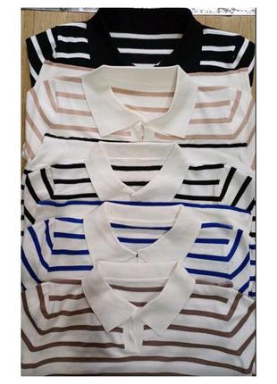 Женская футболка поло в полоску трикотаж тонкой вязки бело-синий 46-504 фото