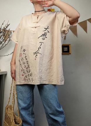 Блуза рубашка футболка япония восточная каллиграфия азиатская лен грубый мужская3 фото