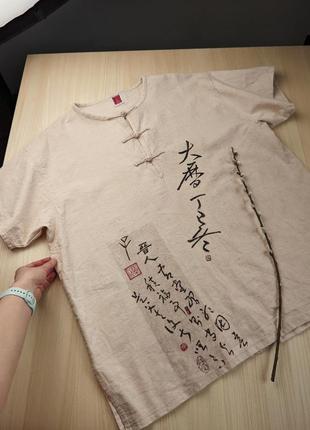 Блуза рубашка футболка япония восточная каллиграфия азиатская лен грубый мужская5 фото