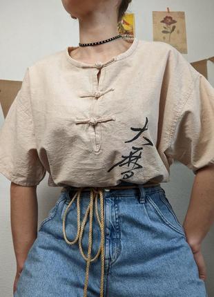 Блуза рубашка футболка япония восточная каллиграфия азиатская лен грубый мужская2 фото