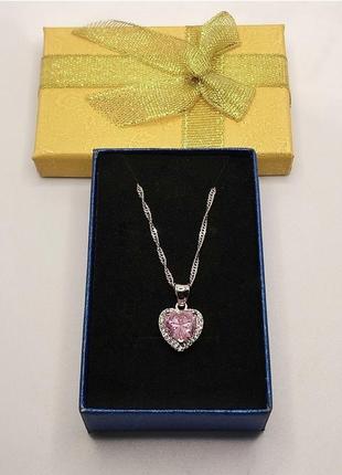 Оригінальне кольє "серце рожевий топаз у сріблі" класичний кулон з цирконами на ланцюжку в упаковці на подарунок дівчині4 фото